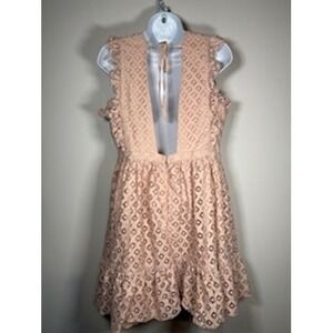 Showpo Peach Eyelet Lace Deep V-Neck Open Back Ruffle Mini Dress Size US 8